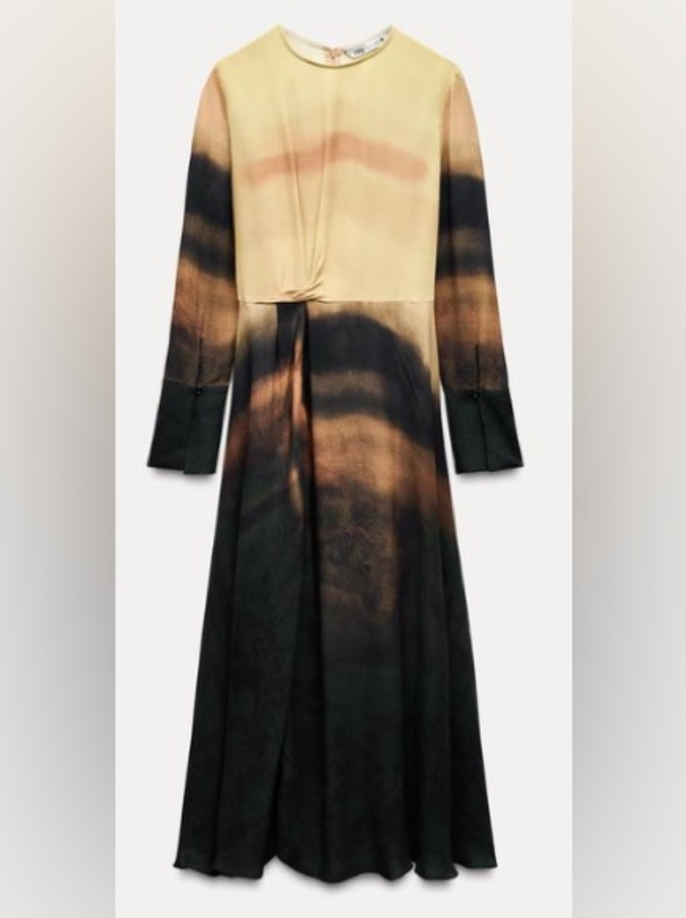 Zara Long Sleeve Tie-Dye Midi Dress in Beige and Black